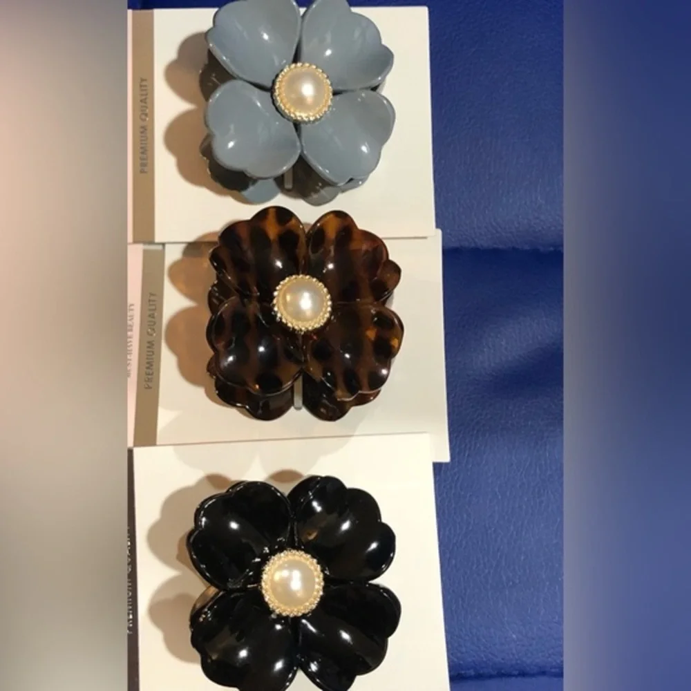 3 flower shape faux pearl rhinestone inset black, gray & tortoiseshell jaw clips